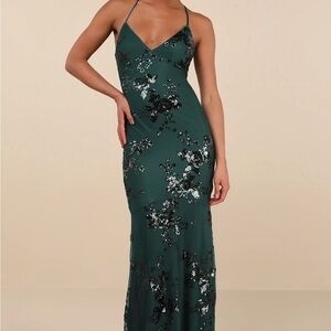 Lulu's Emerald Green Sequin Spaghetti Strap Maxi Dress